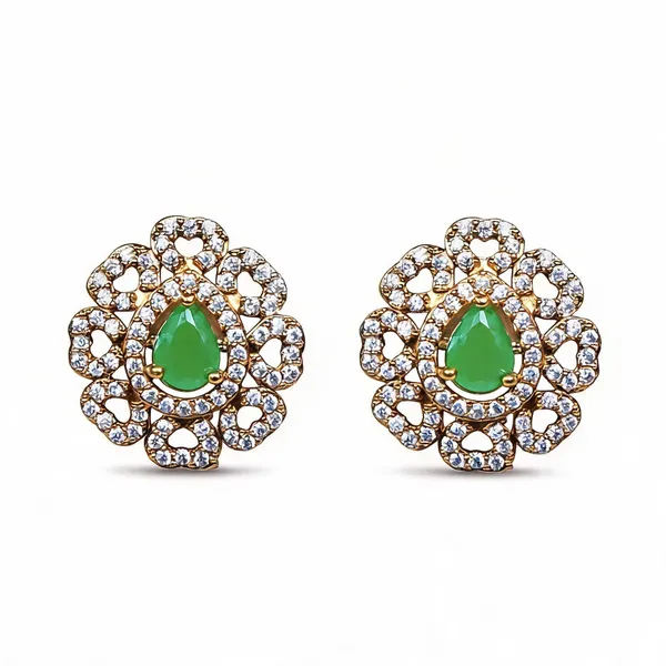 Gold_Tone_Gj_Polish_Cz_Green_Stone_Floral_Stud_Earrings_For_Women_-_Pack_Of_2