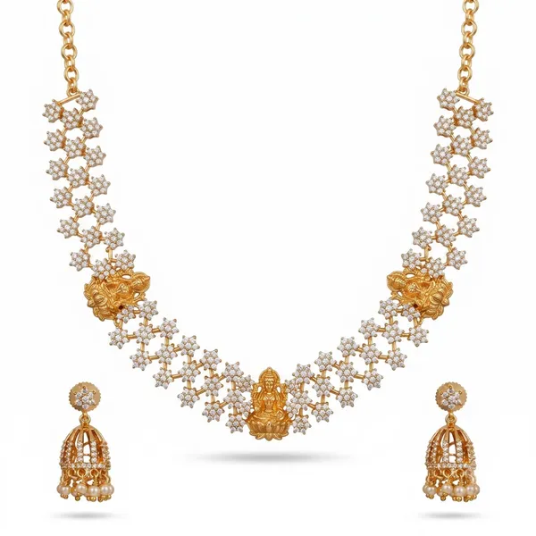 Gold_Tone_Micro_Plated_Cz_Floral_Temple_Necklace_Set_With_Earrings_For_Women