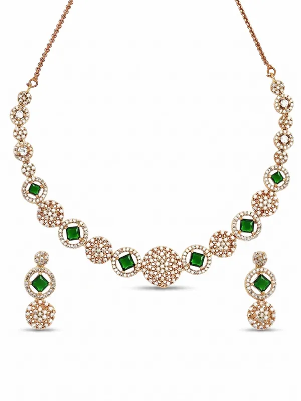 Gold_Tone_Green_Stone_Gj_Polish_Cz_Necklace_Set_With_Earrings_For_Women