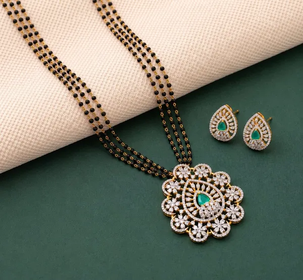 Gold_Tone_Black_Beaded_Gj_Polish_Cz_Mangalsutra_With_Earrings_For_Women