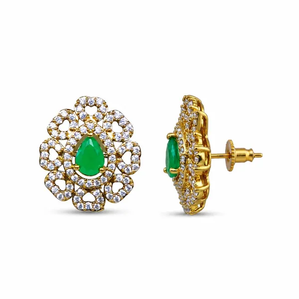 Gold_Tone_Gj_Polish_Cz_Green_Stone_Floral_Stud_Earrings_For_Women_-_Pack_Of_2