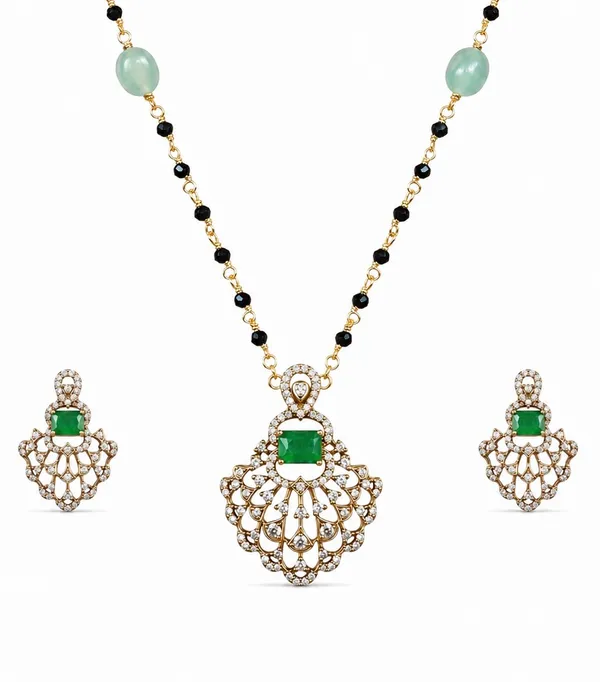 Gold_Tone_Green_Stone_Gj_Polish_Cz_Traditional_Mangalsutra_With_Earrings_For_Women
