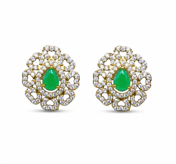 Gold_Tone_Gj_Polish_Cz_Green_Stone_Floral_Stud_Earrings_For_Women_-_Pack_Of_2