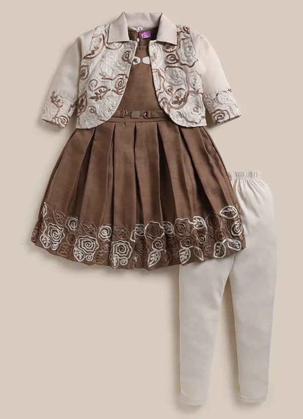 Brown_Sleeveless_Floral_Embroidered_Dress_With_Jacket_And_Leggings