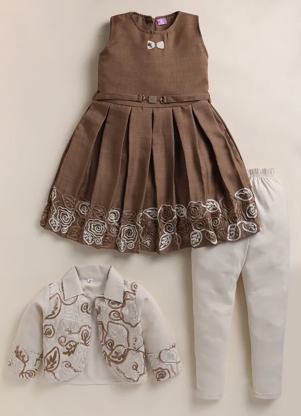 Brown_Sleeveless_Floral_Embroidered_Dress_With_Jacket_And_Leggings