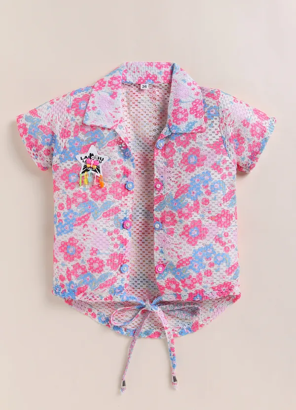 Pink_Floral_Print_Shirt_With_Inner_Tee_And_Shorts_Set_For_Girls