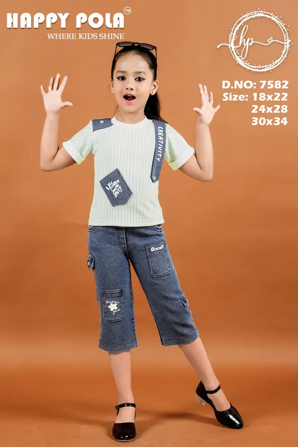 Green_Ribbed_Panel_Top_With_Denim_Cargo_Capri_For_Girls