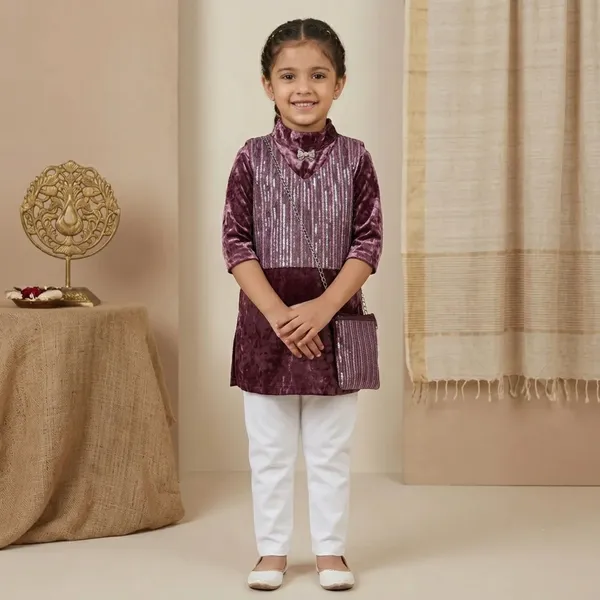 Maroon_Velvet_Sequin_Kurta_With_Pants_And_Sling_Bag_For_Girls