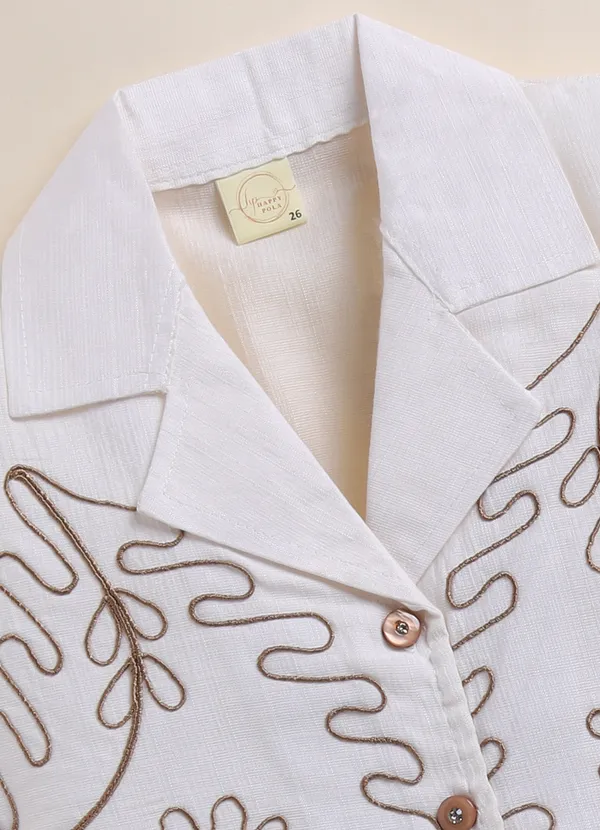 White_Cotton_Embroidered_Shirt_With_Khaki_Cargo_Pants_Set_For_Girls
