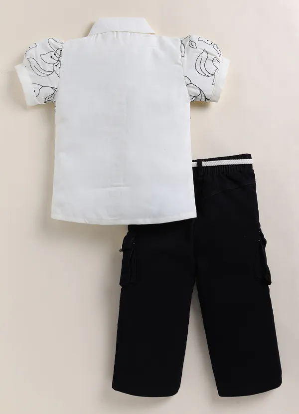 White_Floral_Print_Shirt_With_Black_Cargo_Pants_Set_For_Girls