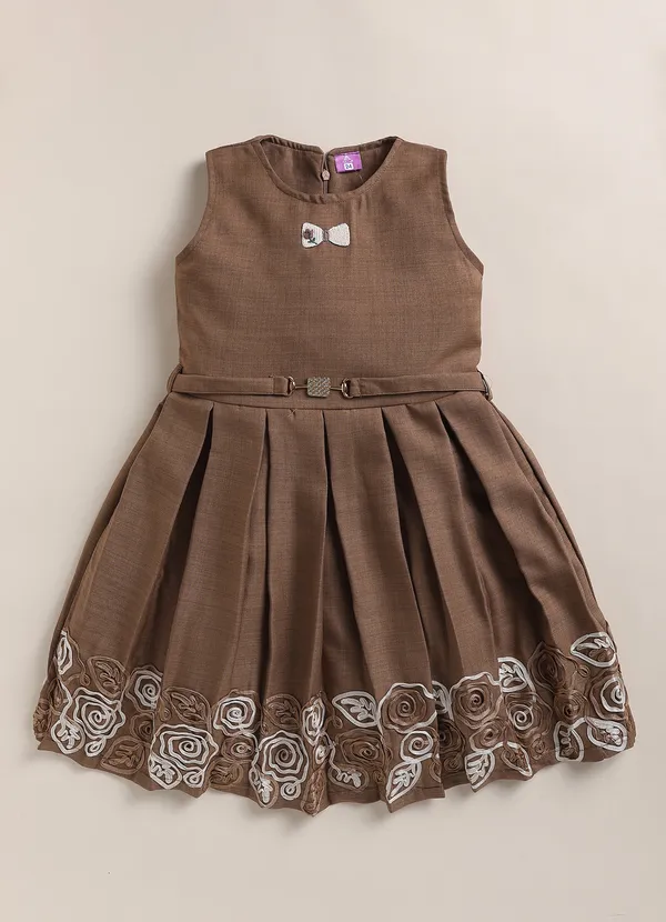 Brown_Sleeveless_Floral_Embroidered_Dress_With_Jacket_And_Leggings