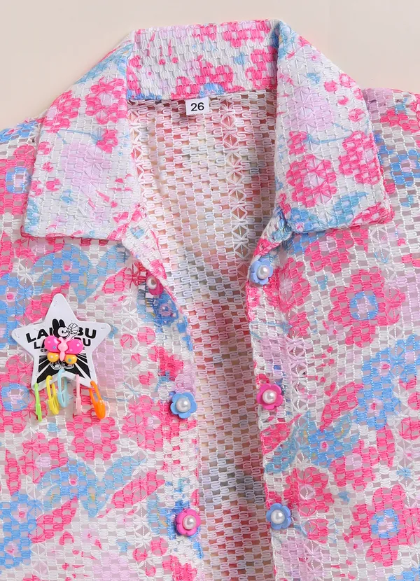 Pink_Floral_Print_Shirt_With_Inner_Tee_And_Shorts_Set_For_Girls