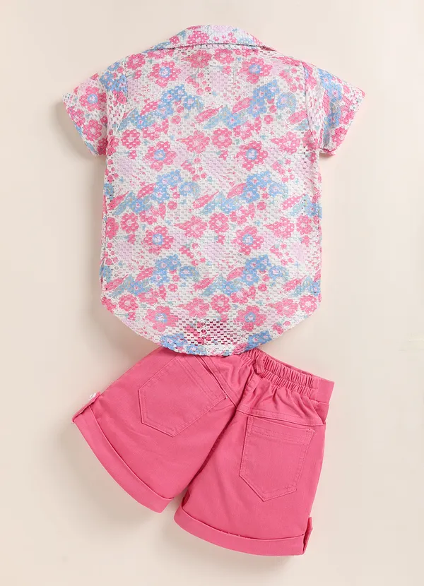 Pink_Floral_Print_Shirt_With_Inner_Tee_And_Shorts_Set_For_Girls
