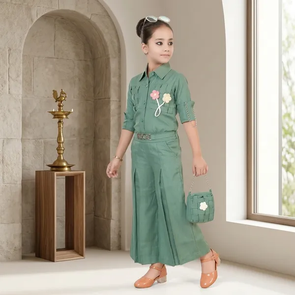 Green_Woven_Detail_Belted_Jumpsuit_For_Girls