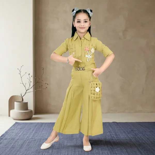 Olive_Green_Woven_Textured_Shirt_And_Palazzo_Set_For_Girls
