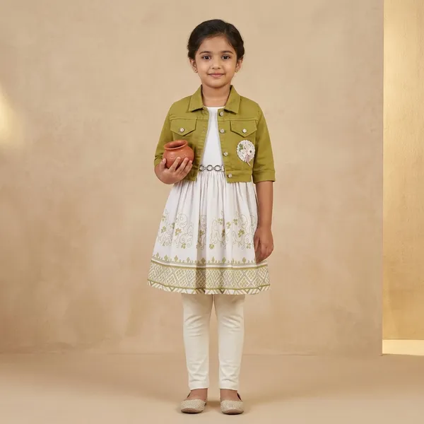 Olive_Green_Denim_Jacket_White_Printed_Dress_Legging_Set_For_Girls