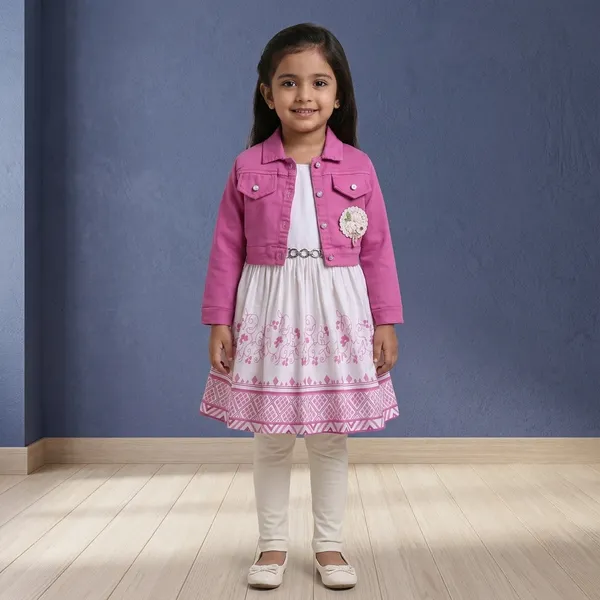 Pink_Denim_Jacket_White_Floral_Print_Dress_With_Leggings_For_Girls