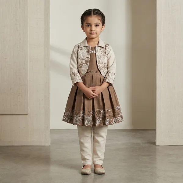 Brown_Sleeveless_Floral_Embroidered_Dress_With_Jacket_And_Leggings