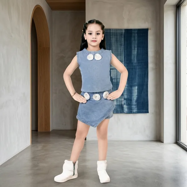 Blue_Denim_Sleeveless_Top_And_Skirt_Set_For_Girls