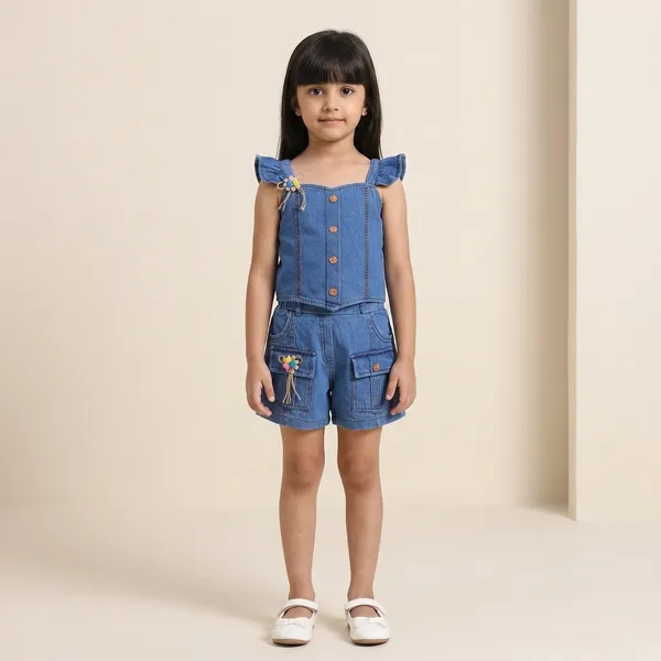 Blue_Denim_Ruffle_Sleeve_Top_And_Shorts_Set_For_Girls
