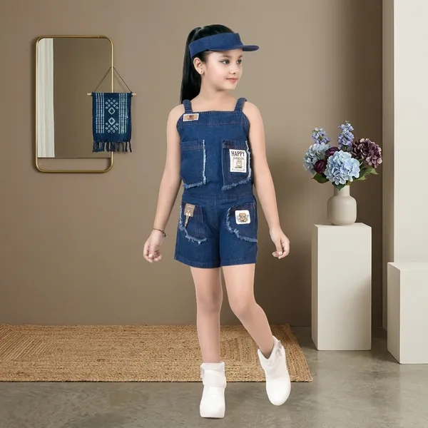 Blue_Denim_Frayed_Patch_Dungaree_Shorts_For_Girls