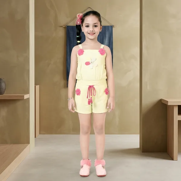 Yellow_Cotton_Floral_Applique_Sleeveless_Jumpsuit_For_Girls