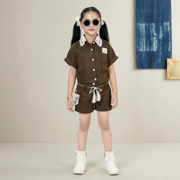 Brown_Cotton_Crochet_Collar_Shirt_And_Shorts_Set_For_Girls