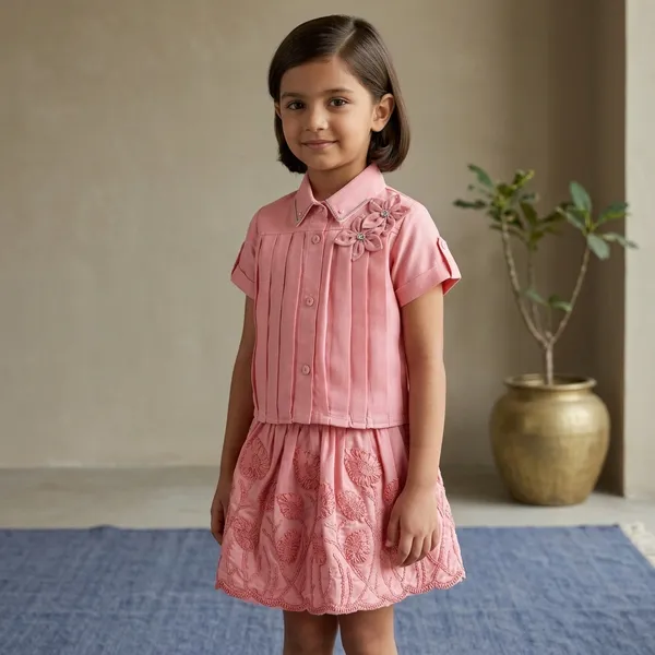 Pink_Pleated_Floral_Embroidered_Top_And_Skirt_Set_For_Girls