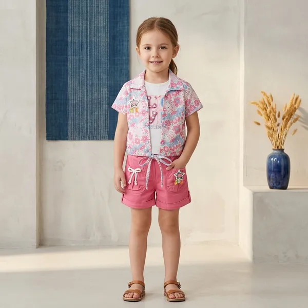 Pink_Floral_Print_Shirt_With_Inner_Tee_And_Shorts_Set_For_Girls
