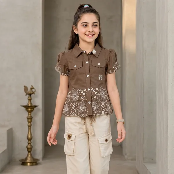 Brown_Cotton_Embroidered_Shirt_With_Beige_Cargo_Pants_For_Girls