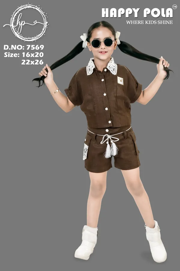 Brown_Cotton_Crochet_Collar_Shirt_And_Shorts_Set_For_Girls