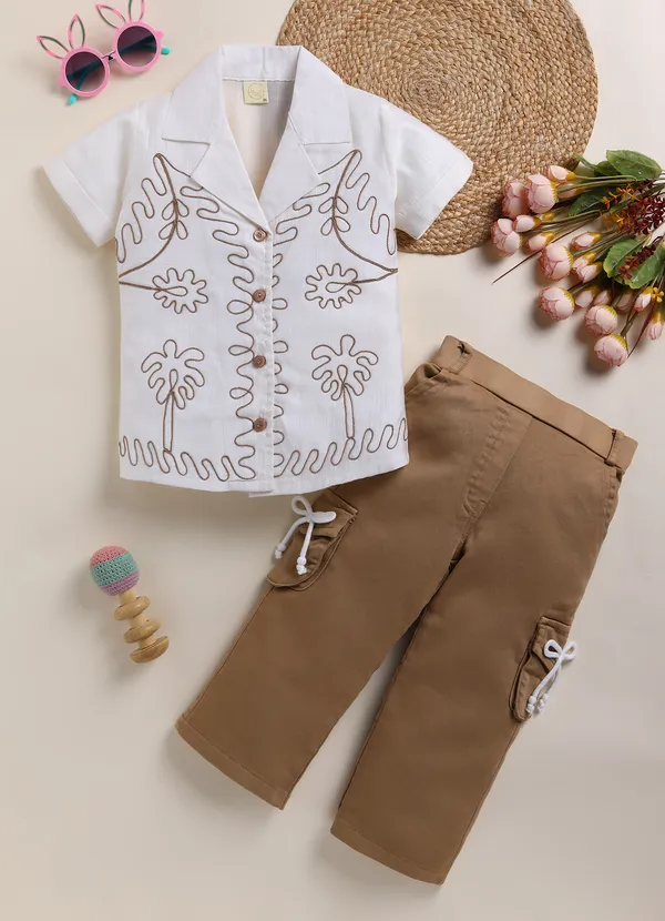 White_Cotton_Embroidered_Shirt_With_Khaki_Cargo_Pants_Set_For_Girls