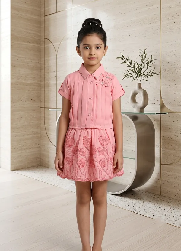 Pink_Pleated_Floral_Embroidered_Top_And_Skirt_Set_For_Girls