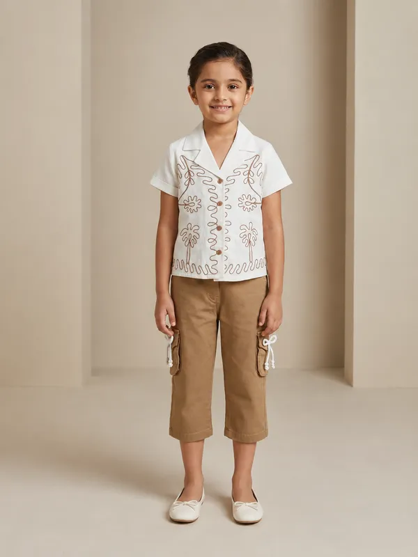 White_Cotton_Embroidered_Shirt_With_Khaki_Cargo_Pants_Set_For_Girls