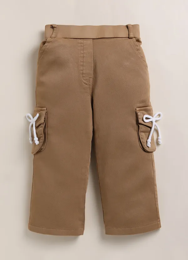 White_Cotton_Embroidered_Shirt_With_Khaki_Cargo_Pants_Set_For_Girls