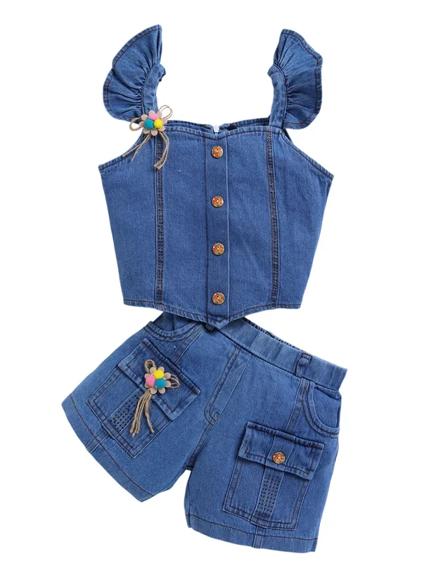 Blue_Denim_Ruffle_Sleeve_Top_And_Shorts_Set_For_Girls