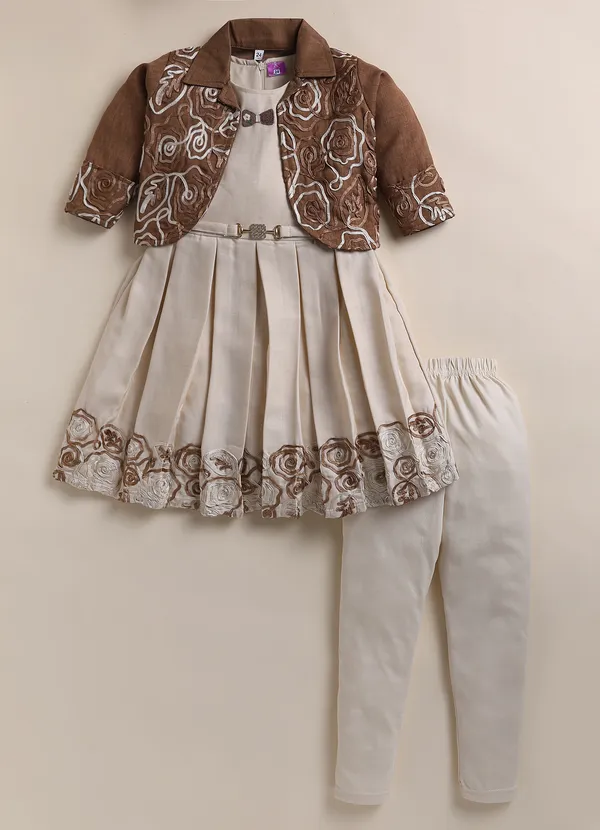 Beige_Cotton_Blend_Embroidered_Dress_With_Jacket_And_Leggings_For_Girls
