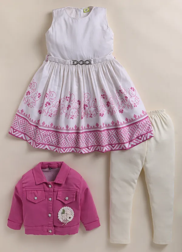 Pink_Denim_Jacket_White_Floral_Print_Dress_With_Leggings_For_Girls