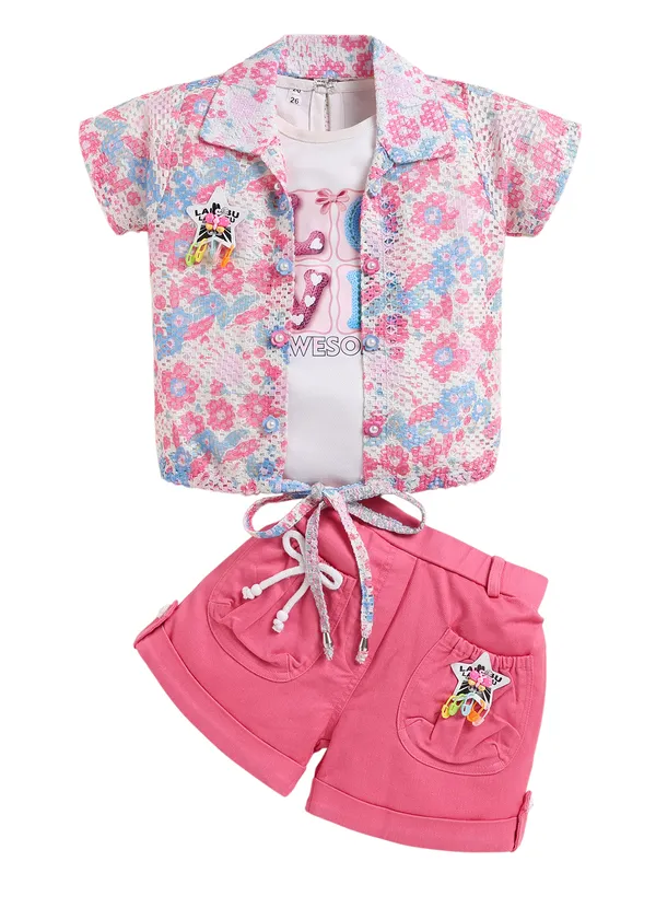 Pink_Floral_Print_Shirt_With_Inner_Tee_And_Shorts_Set_For_Girls