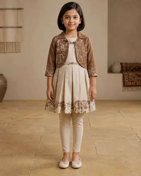 Beige_Cotton_Blend_Embroidered_Dress_With_Jacket_And_Leggings_For_Girls