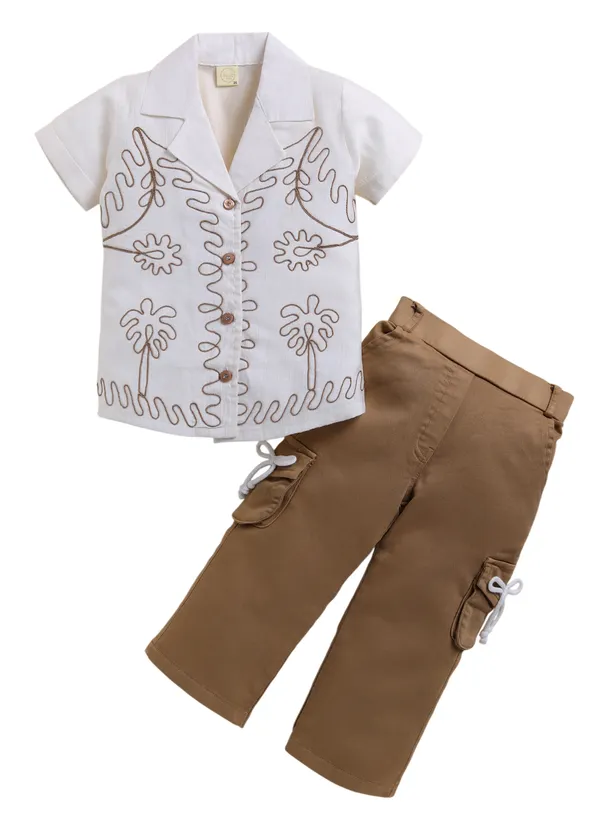 White_Cotton_Embroidered_Shirt_With_Khaki_Cargo_Pants_Set_For_Girls