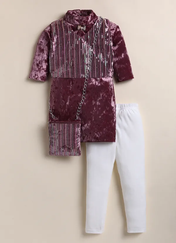 Maroon_Velvet_Sequin_Kurta_With_Pants_And_Sling_Bag_For_Girls