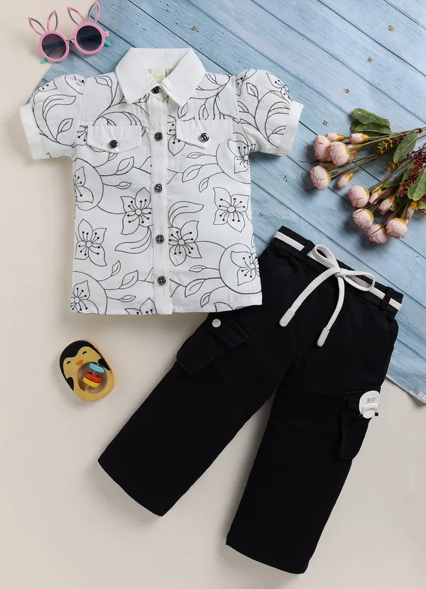 White_Floral_Print_Shirt_With_Black_Cargo_Pants_Set_For_Girls