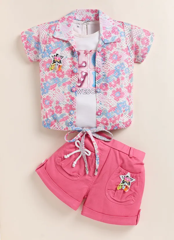 Pink_Floral_Print_Shirt_With_Inner_Tee_And_Shorts_Set_For_Girls