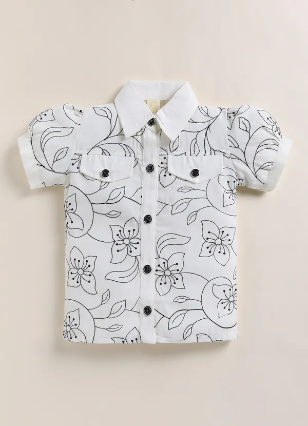 White_Floral_Print_Shirt_With_Black_Cargo_Pants_Set_For_Girls