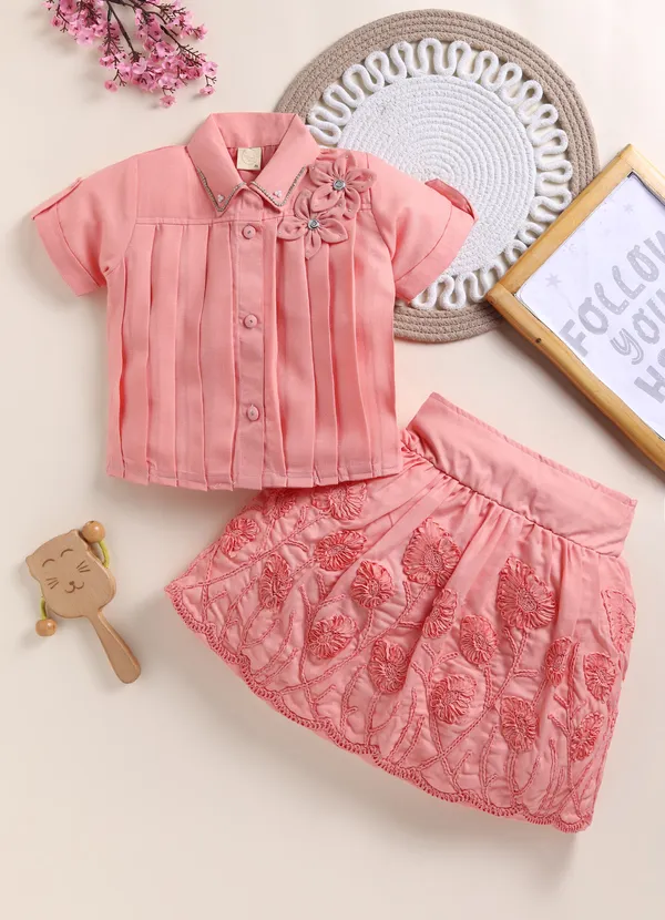 Pink_Pleated_Floral_Embroidered_Top_And_Skirt_Set_For_Girls