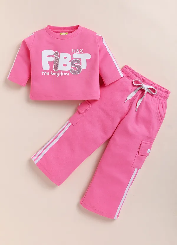 Pink_Ribbed_Cotton_Printed_Top_And_Cargo_Pants_Set_For_Girls