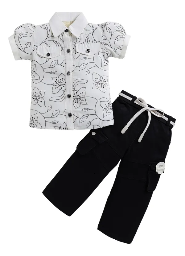 White_Floral_Print_Shirt_With_Black_Cargo_Pants_Set_For_Girls