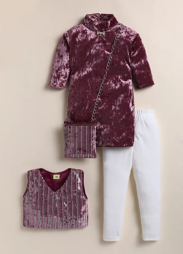 Maroon_Velvet_Sequin_Kurta_With_Pants_And_Sling_Bag_For_Girls