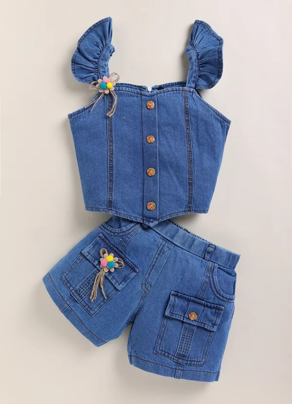 Blue_Denim_Ruffle_Sleeve_Top_And_Shorts_Set_For_Girls